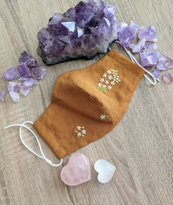 Rust Brown Hand Embroidery Daisy's Reusable Face mask 3 layers