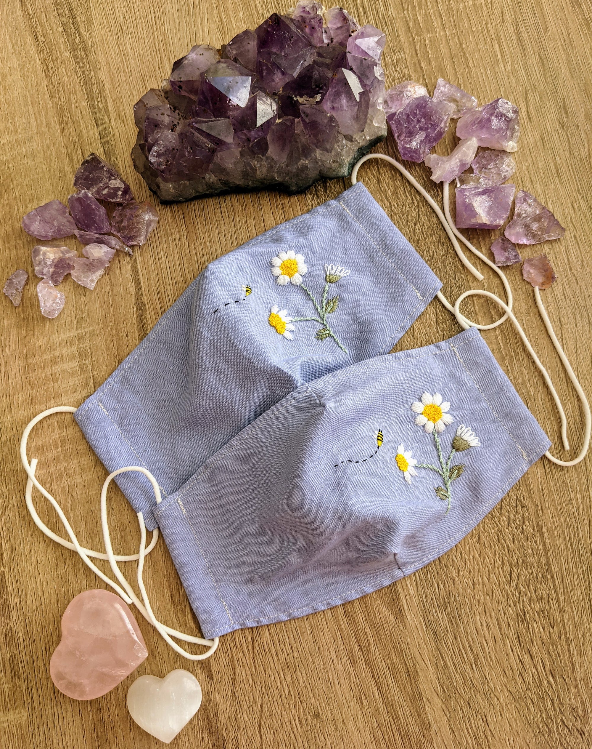 Pale Blue Hand embroidery Daisy Bee Reusable Face mask 3 layers